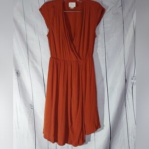Maeve Anthropologie Rust V-Neck Faux Wrap Dress